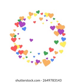 Falling hearts valentine card template. Rainbow colored scattered hearts. LGBT valentine card.  Chaotic falling hearts vector illustration.