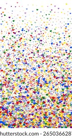 Modelo de cartão de dia dos namorados de corações em queda. Corações espalhados coloridos com arco-íris. Cartão de Dia dos Namorados LGBT.  Ilustração caótica do vetor de corações caídos.