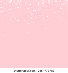 Modelo de cartão de dia dos namorados de corações em queda. Corações brancos espalhados sobre fundo rosa. Ilustração caótica do vetor de corações caídos.