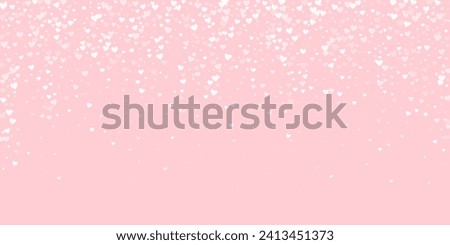 Falling hearts valentine card template. White hearts scattered on pink background. Chaotic falling hearts vector illustration.