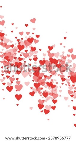 Falling hearts valentine card template. Red hearts scattered on white background. Chaotic falling hearts vector illustration.