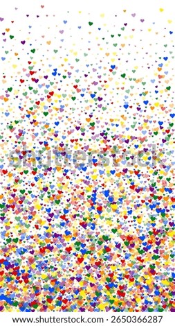 Falling hearts valentine card template. Rainbow colored scattered hearts. LGBT valentine card.  Chaotic falling hearts vector illustration.