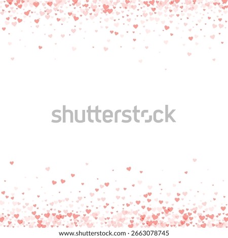 Falling hearts valentine card template. Red hearts scattered on white background. Chaotic falling hearts vector illustration.