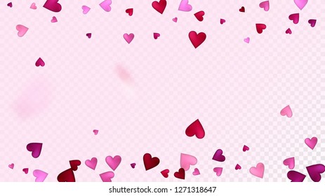 Falling Hearts Vector Confetti. Valentines Day Wedding Pattern. Beautiful Pink Border Valentines Day Decoration with Falling Down Hearts Confetti. Modern Gift, Birthday Card, Poster Background