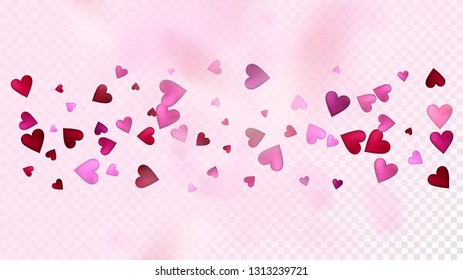 Falling Hearts Vector Confetti. Valentines Day Romantic Pattern. Beautiful Pink Design Valentines Day Decoration with Falling Down Hearts Confetti. Luxury Gift, Birthday Card, Poster Background