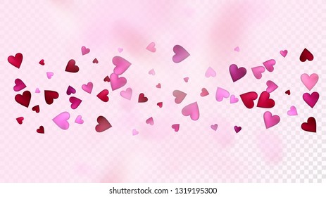 Falling Hearts Vector Confetti. Valentines Day Romantic Pattern. Beautiful Pink Design Valentines Day Decoration with Falling Down Hearts Confetti. Luxury Gift, Birthday Card, Poster Background