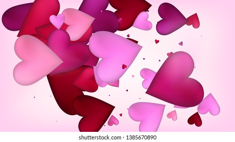 Falling Hearts Vector Confetti. Valentines Day Wedding Pattern. Beautiful Pink Sparkles Valentines Day Decoration with Falling Down Hearts Confetti. Luxury Gift, Birthday Card, Poster Background
