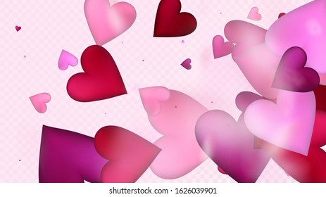Falling Hearts Vector Confetti. Valentines Day Romantic Pattern. Beautiful Pink Frame Valentines Day Decoration with Falling Down Hearts Confetti. Modern Gift, Birthday Card, Poster Background