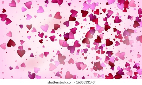 Falling Hearts Vector Confetti. Valentines Day Wedding Pattern. Beautiful Pink Sparkles Valentines Day Decoration with Falling Down Hearts Confetti. Trendy Gift, Birthday Card, Poster Background