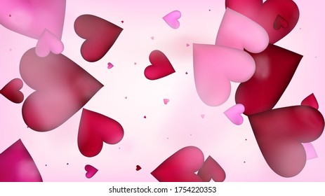 Falling Hearts Vector Confetti. Valentines Day Tender Pattern. Beautiful Pink Frame Valentines Day Decoration with Falling Down Hearts Confetti. Trendy Gift, Birthday Card, Poster Background