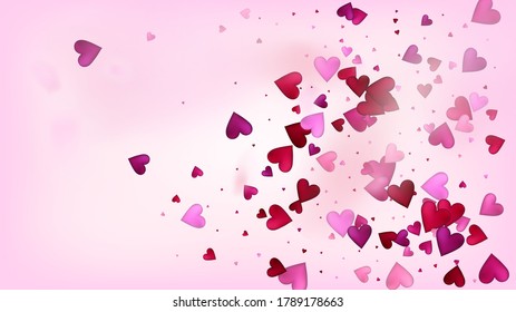 Falling Hearts Vector Confetti. Valentines Day Wedding Pattern. Beautiful Pink Frame Valentines Day Decoration with Falling Down Hearts Confetti. Elegant Gift, Birthday Card, Poster Background