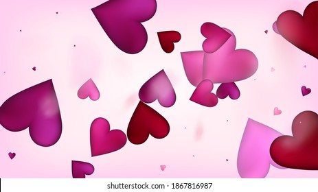 Falling Hearts Vector Confetti. Valentines Day Wedding Pattern. Rich VIP Gift, Birthday Card, Poster Background Valentines Day Decoration with Falling Down Hearts Confetti. Beautiful Pink Frame
