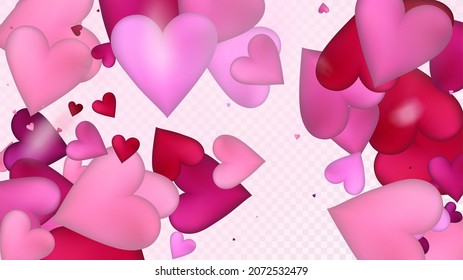Falling Hearts Vector Confetti. Valentines Day Tender Pattern. Beautiful Pink Scatter Valentines Day Decoration with Falling Down Hearts Confetti. Modern Gift, Birthday Card, Poster Background