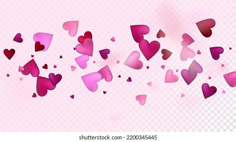 Falling Hearts Vector Confetti. Valentines Day Romantic Pattern. Beautiful Pink Border Valentines Day Decoration with Falling Down Hearts Confetti. Luxury Gift, Birthday Card, Poster Background