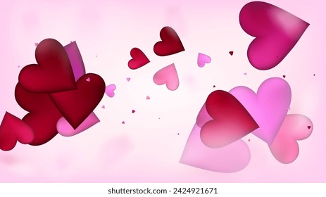 Falling Hearts Vector Confetti. Valentines Day Wedding Pattern. Beautiful Pink Border Valentines Day Decoration with Falling Down Hearts Confetti. Trendy Gift, Birthday Card, Poster Background