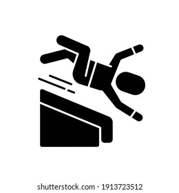 Falling from height black glyph icon. Fall risks. Home accidents. Slippery wet surfaces. Basement stairway. Fall-related injuries. Silhouette symbol on white space. Vector isolated illustration