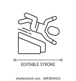 Falling from height linear icon. Fall risks. Slippery wet surfaces. Basement stairway. Thin line customizable illustration. Contour symbol. Vector isolated outline drawing. Editable stroke