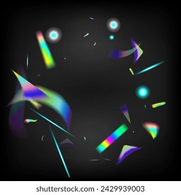 Falling Hologram Confetti. Blue, Purple, Green Celebration Background. Gold Transparent Falling Particles. Holo Glitch Effect Rainbow Tinsel.  Gradient Overlay Glare Foil Tinsel. Rainbow Tinsel.