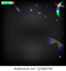 Falling Hologram Confetti.  Gradient Overlay Glare Foil Tinsel. Blue, Purple, Green Celebration Background. Holo Glitch Effect Rainbow Tinsel. Silver Transparent Falling Particles. Rainbow Tinsel.