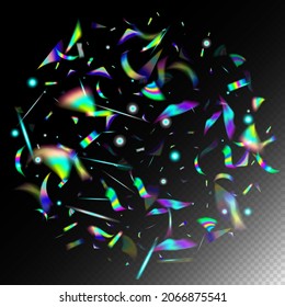 Falling Hologram Confetti. Rainbow Tinsel. Silver Transparent Falling Particles.  Gradient Overlay Vivid Foil Tinsel. Holo Glam Effect Rainbow Lights. Blue, Purple, Green Celebration Background.
