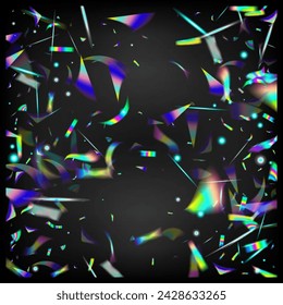 Falling Hologram Confetti. Rainbow Tinsel. Silver Transparent Falling Particles. Blue, Purple, Green Celebration Background. Holo Glitch Effect Rainbow Bokeh.  Gradient Overlay Vivid Foil Tinsel.