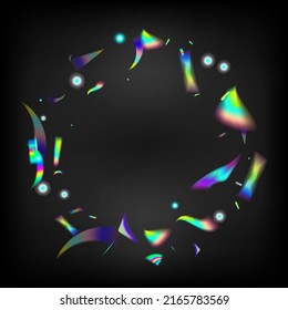 Falling Holograph Confetti. Holo Glam Effect Rainbow Lights. Rainbow Tinsel.  Gradient Overlay Neon Foil Tinsel. Silver Transparent Falling Particles. Blue, Purple, Green Celebration Background.