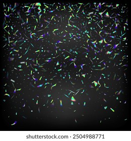 Falling Holograph Confetti. Metal Transparent Falling Particles.  Gradient Overlay Neon Foil Tinsel. Rainbow Tinsel. Holo Glam Effect Rainbow Bokeh. Blue, Purple, Green Celebration Background.