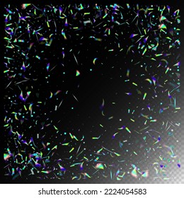 Falling Holograph Confetti. Rainbow Tinsel. Holo Glam Effect Rainbow Lights. Metal Transparent Falling Particles.  Gradient Overlay Vivid Foil Tinsel. Blue, Purple, Green Celebration Background.