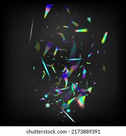 Falling Holograph Confetti. Silbertransparente Fallpartikel. Rainbow Tinsel. Hintergrund für blaue, violette und grüne Feierlichkeiten. Holo Glam-Effekt Regenbogen Tinsel.  Gradient Overlay Neon Foil Tinsel.