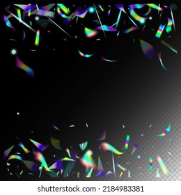 Falling Holograph Confetti. Silver Transparent Falling Particles. Rainbow Tinsel. Blue, Purple, Green Celebration Background. Holo Glitch Effect Rainbow Bokeh.  Gradient Overlay Neon Foil Tinsel.