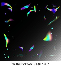 Falling Holograph Confetti. Silver Transparent Falling Particles. Rainbow Tinsel. Blue, Purple, Green Celebration Background.  Gradient Overlay Glare Foil Tinsel. Holo Glam Effect Rainbow Bokeh.