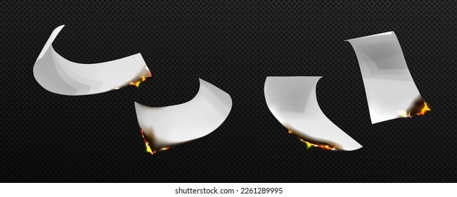 Falling hot burn paper set design. Vector flying ablaze price label for web site banner. Collection of white clearance or season sale burnt tag in flame. Damage corner receipt png