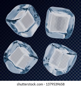 Falling ice cube or icy blocks for background. Iced solid liquid or white and blue object for cold drink. Freezed 3d, realistic square closeup. Transparent glass liquid. Frost and cold, bar, cocktail