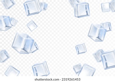 Falling ice cube, isolated on transparent background, selective focus. Flying ice cubes with blur effect . Realistic 3d vector illustration