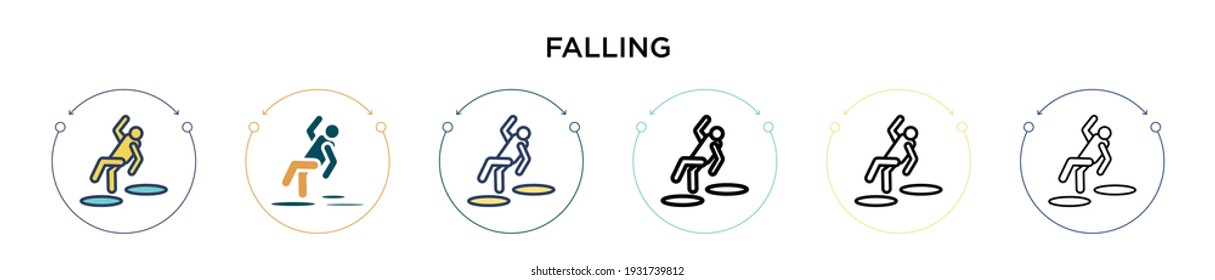 Falling icon in filled, thin line, outline and stroke style. Vector illustration of two colored and black falling vector icons designs can be used for mobile, ui, web