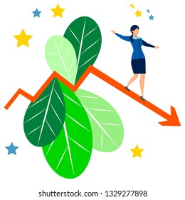 Falling indicators. Business Lady is losing revenue. In minimalist style. Cartoon flat Vector Illustration