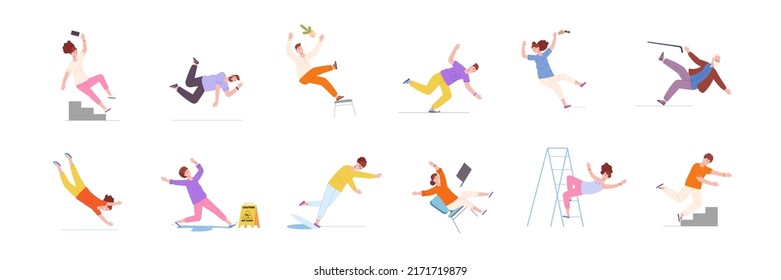 Falling Injury. Accident Of Fall Stairs People, Accidently Drop Man Prevention Emergency Slide Ladder Person Moving On Slip Floor Beware Failure Risk, Splendid Vector Illustration Of Accident Fall