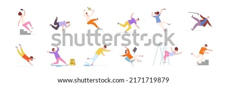 Falling injury. Accident of fall stairs people, accidently drop man prevention emergency slide ladder person moving on slip floor beware failure risk, splendid vector illustration of accident fall