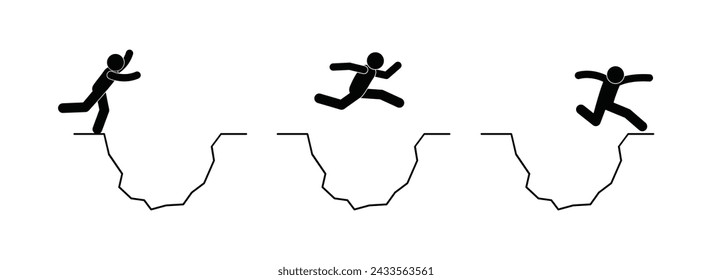 falling into a pit illustration, people jumping over a large ditch, stick figure man icon