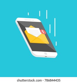 Falling Isometric smartphone  with email notification. Vector illustration.