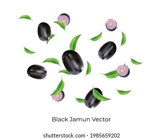 Falling Jamun with slices and leaves isolated on white background