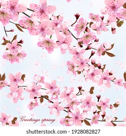 Falling Japanese cherry petals, floral pattern.  Blossoming branches of cherry on blue in a random arrangement square format, card, banner. Pink Sakura texture, EPS 10, vector