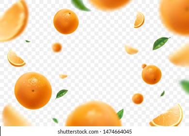 Las naranjas jugosas con hojas verdes aisladas en un fondo transparente. Vuela desenfocando trozos de naranjas. Aplicable a la publicidad de zumos de frutas. Ilustración vectorial.
