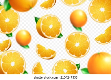 Falling juicy oranges with green leaves isolated on transparent background. Flying defocusing slices of oranges. Applicable for fruit juice advertising. Realistic 3d Vector illustration.