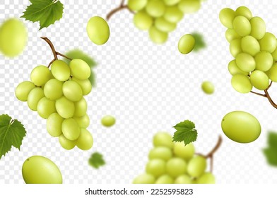 Falling juicy ripe grape with green leaves isolated on transparent background. Flying bunches of grapes with blurry effect. Can be used for wallpaper, banner, poster, print. Realistic 3d vector design