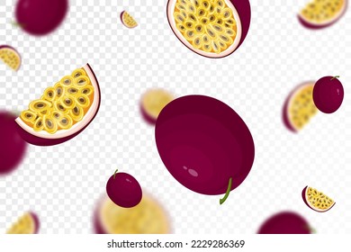 Falling juicy ripe passion fruit, isolated on transparent background. Flying whole and sliced fruits with defocused blur effect. Can be used for wallpaper, banner, poster, print. Vector flat design