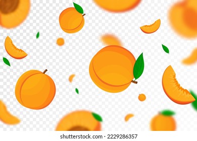 Falling juicy ripe peach fruit, isolated on transparent background. Flying whole and slices of peach with blur effect. Can be used for wallpaper, banner, poster, print. Vector flat design