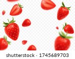 Falling juicy ripe strawberry with green leaves isolated on transparent background. Flying defocusing strawberry berries. Applicable for juice advertising. Vector illustration.