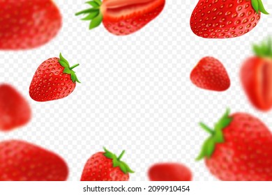 Falling juicy ripe strawberry with green leaves isolated on transparent background. Flying defocusing strawberry berries. Applicable for juice advertising. Vector 3d realistic illustration.