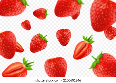 Falling juicy ripe strawberry with green leaves isolated on transparent background. Flying defocusing strawberry berries. Applicable for juice advertising. Vector 3d realistic illustration.